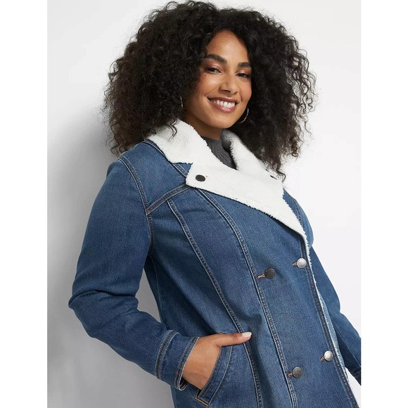 Lane Bryant Midi Denim Jacket Medium Wash Sherpa Women's Plus Size 26/28 H14229 - Picture 13 of 13